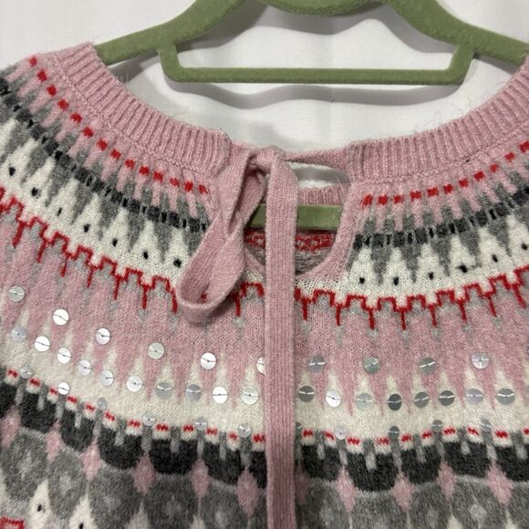 Talbots Icicle Fair Isle Sweater Cream Pink Bow Back Sequin Size XL Winter - Picture 8 of 11